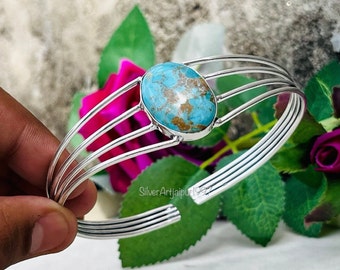 Natural Turquoise Sterling Silver Cuff Bracelet, Handmade Bangle