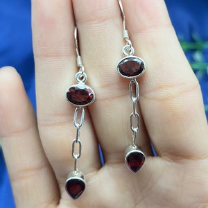 Natural Garnet Silver Earrings, Solid 925 Sterling Garnet Gemstone Silver Chain Dangle Drop Earrings For Women, Two Stone Garnet Earrings