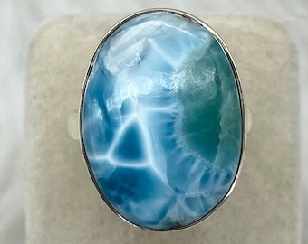 Handmade Larimar Ring, Big Oval, 925 Sterling Silver