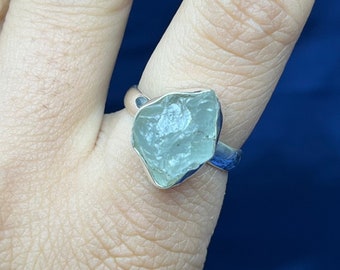 Handmade Raw Aquamarine Sterling Silver Ring, Bezel Setting