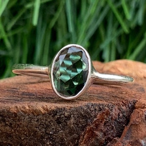 Natural Faceted Green Tourmaline Ring, Dainty Silver Green Tourmaline Ring, Handmade Tourmaline Jewelry For Women, Anniversary Gift For Her