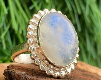 Anillo de piedra lunar arcoíris hecho a mano, plata de ley 925, engaste biselado.