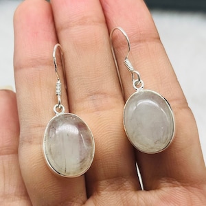Rainbow Moonstone Oval Shaped Earrings- Boho Gemstone Earrings- Earrings For Mom- Jewelry Gift For Her- Gift For Sister- Silver Earrings