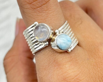 Handmade Moonstone Larimar Ring, 925 Sterling Silver Ring