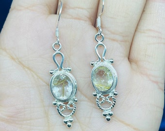 Handmade Golden Rutile Quartz 925 Sterling Silver Dangle Earrings