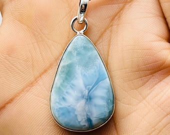 Pendentif Larimar Bleu Ciel – Argent 925 – Fait Main – Environ 5 Cm – #P06804