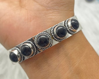 Handmade Black Onyx Cuff Bracelet, Victorian Sterling Silver Bangle