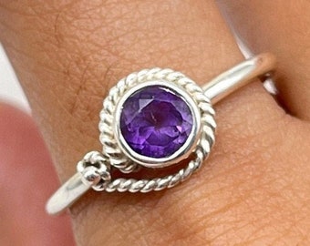 Handmade Round Amethyst Ring, 925 Sterling Silver, February Birthstone