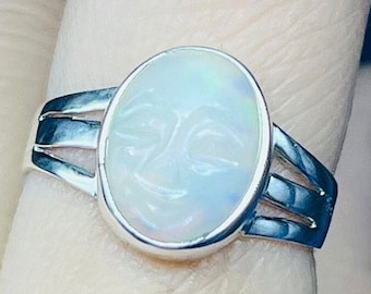 Handmade Opal Moon Face 925 Sterling Silver Ring