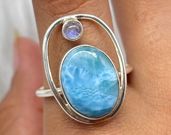Handmade Larimar Moonstone Ring, 925 Sterling Silver Boho Jewelry