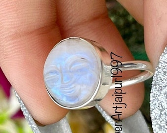 Natural Moonstone Ring, Boho Silver Ring, 925 Sterling Silver, Carving Face ring, Carving Silver Ring, Statement Carving Ring For Wedding