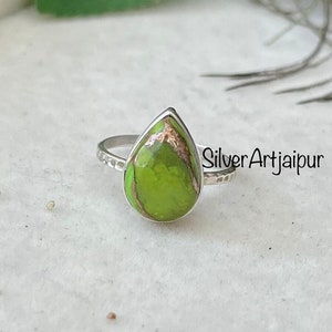 Turquoise Ring, Silver Ring 925 Sterling, Green Gemstone Ring,  Copper Anniversary Gift For Wife, Wonderful Gift For Girl's Stone Ring