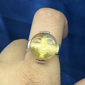 Citrine Moon Face Ring Carved Moon Face Ring, 925 Silver Face Ring, Sleepy Moon Face Ring Round Gemstone Moon Face Ring Handmade Face Ring