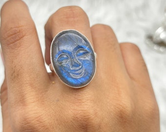 Labradorite Moon Gemstone Ring, Carved Moon Face Ring For Her, Statement Ring, Promise Ring, 925 Sterling Silver Birthstone Ring For Women