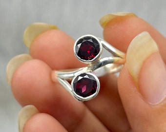 Handmade Two Stone Garnet Ring, 925 Sterling Silver Boho Jewelry