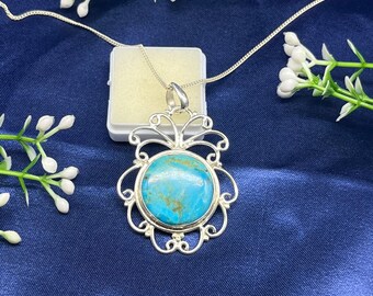 Handmade Sterling Silver Turquoise Pendant Necklace, Floral Boho