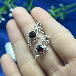 Garnet Silver Earring, Garnet Gemstone Earrings, Boho Garnet Earrings, Garnet Dangle Drop Earrings For Women, January Birthstone Earrings