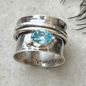 Natural Aquamarine Sterling Silver Spinner Band Ring, 925 Sterling Silver Ring, Handmade Silver Band Spinner Ring For Women&#39;s, Gift For Her