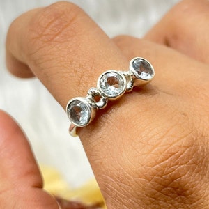 Natural Aquamarine Sterling Silver Ring, Three Stone Silver Ring, Aquamarine Gemstone With 925 Stamped Purity Silver Ring, March Birthstone