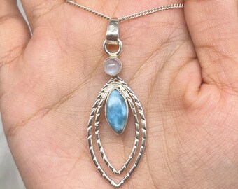 Handmade Larimar Moonstone 925 Sterling Silver Pendant Necklace