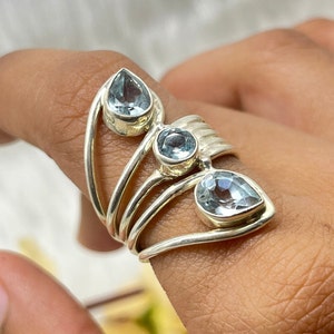 Natural Aquamarine Ring, Aquamarine Gemstone Two Cut Aquamarine Silver Ring, Designer Aquamarine Boho Handmade March Birthstone Ring