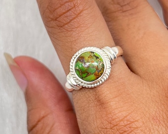 Grüner Türkis Sterling Silber Ring, Runder Edelstein, Handwerker Schmuck
