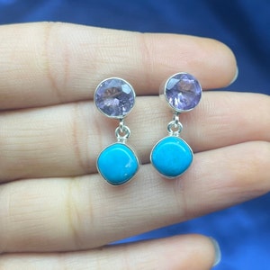 Purple Amethyst Turquoise Earrings, 925 Sterling Silver Gemstone Earrings, Colorful Silver Earrings, Dangle Drop Earrings For Women Gifts