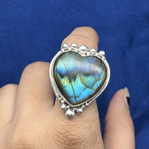 Labradorite Silver Heart Ring, 925 Sterling Silver Ring, Heart Shape Labradorite Gemstone Ring For Women, Blue Fire Ring Engagement Ring