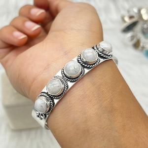 Moonstone Cuff Bangle Bracelet, 925 Sterling Silver Bangle, Vintage Jewelry, Victorian Style Bracelet, Handmade Jewelry, Chunky Cuff Bangle