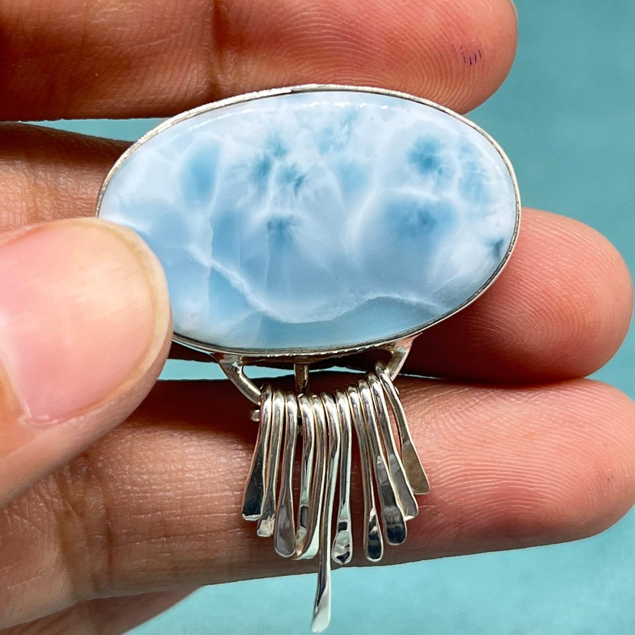 Larimar Large Eclectic Silver Artisan Hair Pin 4.2” Aqua / Turquoise Blue, White Sterling Silver and Turquoise Hair Pin | Calli Co Silver  main image 3