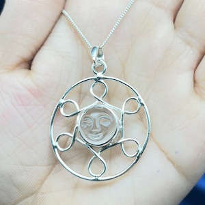 Moon Face Crystal Pendant Necklace Moon Face Silver Pendant Tiny Clear Crystal Necklace For Women Face Carving Gemstone Necklace For Her