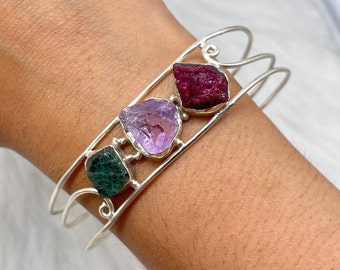 Handmade Sterling Silver Raw Gemstone Birthstone Bracelet