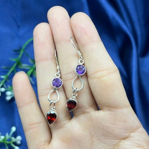 Amethyst Garnet Silver Earrings, Solid 925 Silver Earrings For Women, Colorful Dangle Drop Earrings, Classic Earrings For Her, Boho Earrings