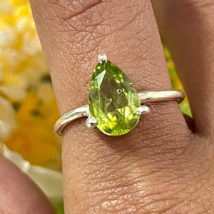 Natural Peridot Silver Ring, Pear Cut Peridot Ring, Dainty Silver Ring, Handmade Silver Women jewelry, August Birthstone,Valentines Day Gift