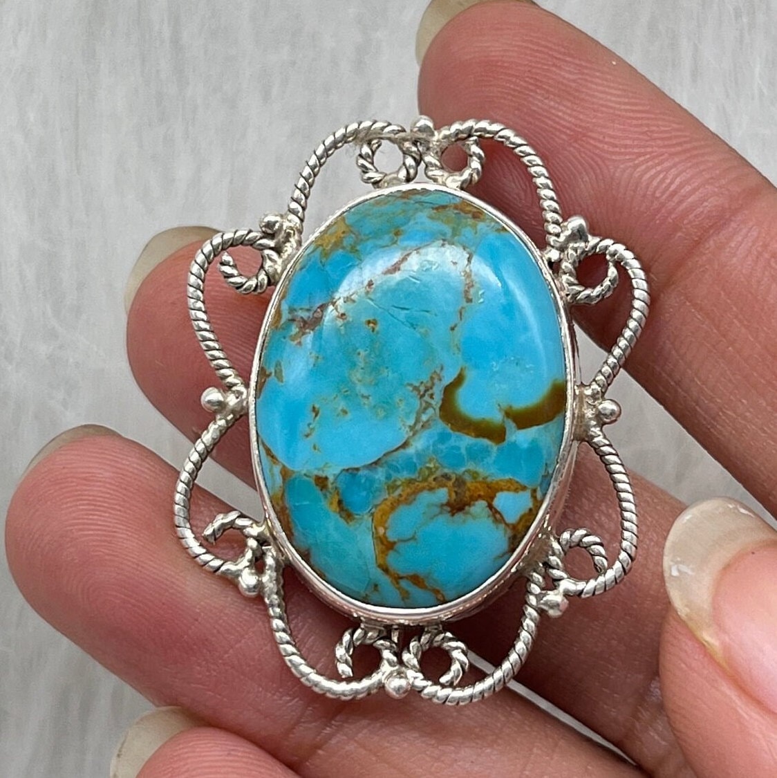 Broche Art Déco En Turquoise Et Argent Sterling - Ancienne Et Antique - Occasion
