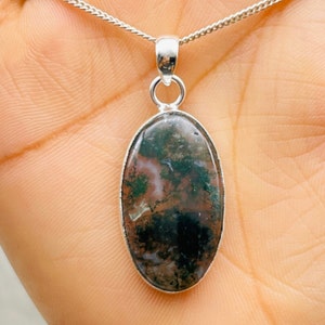 Natural Moss Agate Pendant Necklace, Moos Gate Gemstone Pendant, Oval Moss agate Artisan Boho Necklace For Women, Genuine Moss Agate Pendant
