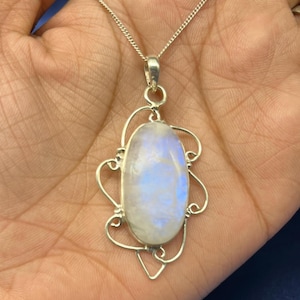 Blue Fire Moonstone Pendant 925 Sterling Silver Rainbow Moonstone Gemstone Silver Statement Pendant Handmade Silver Pendant Necklace Gift