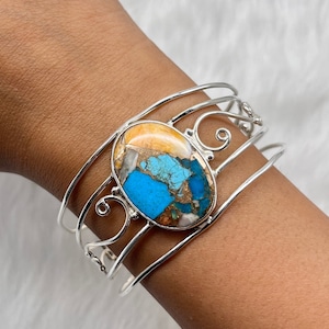 Turquoise Silver Cuff Bracelet Bangle, Turquoise Gemstone Cuff Bracelet, Adjustable Turquoise Cuff Bangle, Handmade Boho Silver Bracelets