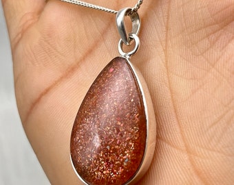 Handmade Sterling Silver Sunstone Pendant Necklace, Pear Boho Jewelry