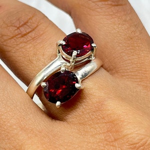 Natural Garnet Silver Ring, Two Stone Garnet Ring, Garnet Gemstone Ring, 925 Sterling Silver Ring, Handmade Women Jewelry For Women