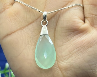 Handmade Sterling Silver Aqua Chalcedony Teardrop Pendant Necklace
