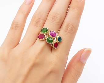 マルチトルマリン銅ターコイズリング：スターリングシルバーリーフ