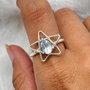 Aquamarine Silver Ring, Pear Cut Aquamarine Ring, Star Shape Aquamarine Silver Ring, Handmade Bohemian Jewelry For Women, March Birthstone