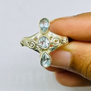 Natural Aquamarine Silver Ring, Aquamarine Gemstone Silver Ring, Desginer Aquamarine Ring, Three Gemstone Silver Ring, March BirthStone Ring