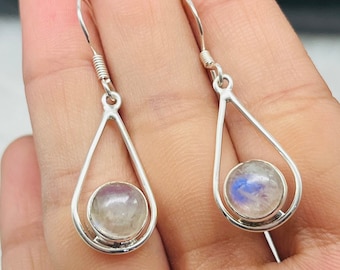 Handmade Rainbow Moonstone Sterling Silver Dangle Earrings
