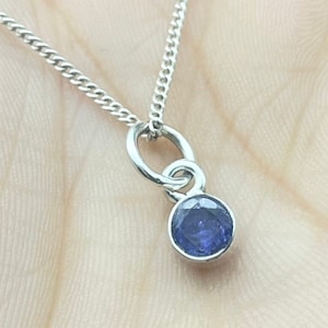 May include: A silver chain necklace with a small, round, purple gemstone pendant. The pendant is attached to a silver ring.