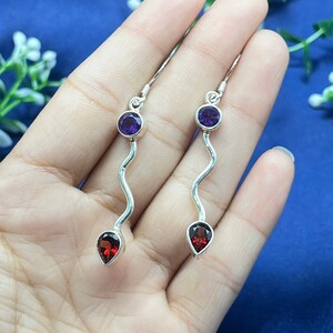 Amethyst Garnet Silver Earrings, 925 Sterling Silver Earrings For Women, Minimalist Earrings Gifts For Her, Multi Stone Gemstone Earrings