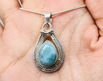 Handmade Larimar Pendant, 925 Sterling Silver Teardrop Necklace
