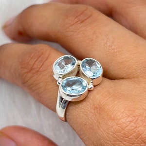 Natural Aquamarine Sterling Silver Ring, Three Stone Silver Ring, Aquamarine Gemstone With 925 Stamped Purity Silver Ring, March Birthstone