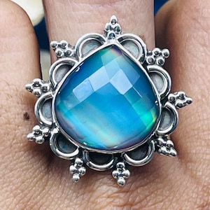 Natural Aurora Opal Silver Ring Aurora Opal Gemstone Silver Ring  925 Sterling Silver October Birthstone Silver Statement Ring Gift Ideas